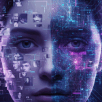 An image of a woman where half of her face is digital. The image is a symbol of computer generated images of fake individuals.