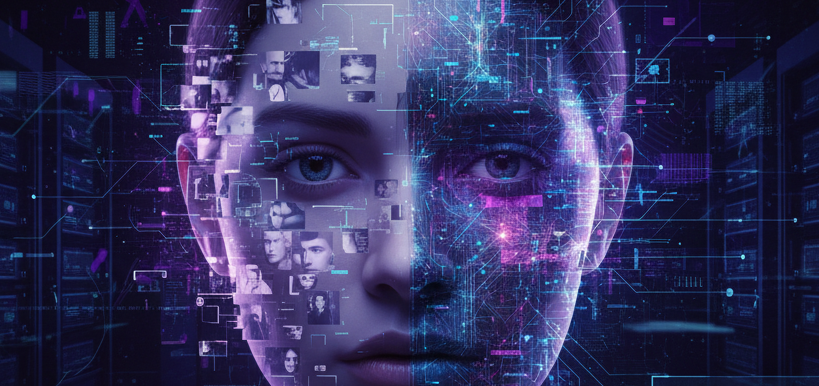 An image of a woman where half of her face is digital. The image is a symbol of computer generated images of fake individuals.