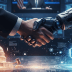 An image showing a human hand shaking a robotic hand with a hologram of the U.S. Capitol and a computer chip, symbolizing the integration of AI and government.