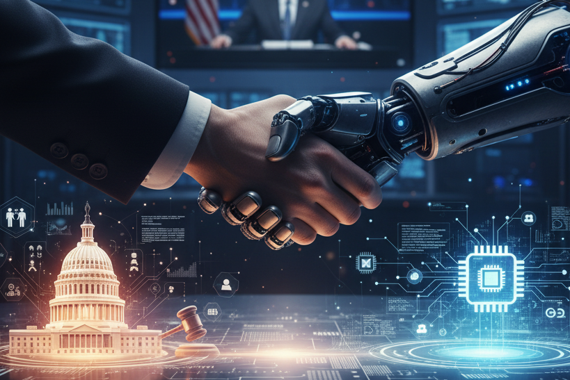 An image showing a human hand shaking a robotic hand with a hologram of the U.S. Capitol and a computer chip, symbolizing the integration of AI and government.